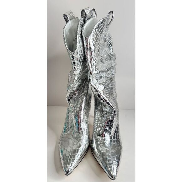GUESS Boots Size 6 Silver Leather Upper Fashion Boot Stiletto Heel Mid Calf - Picture 4 of 10